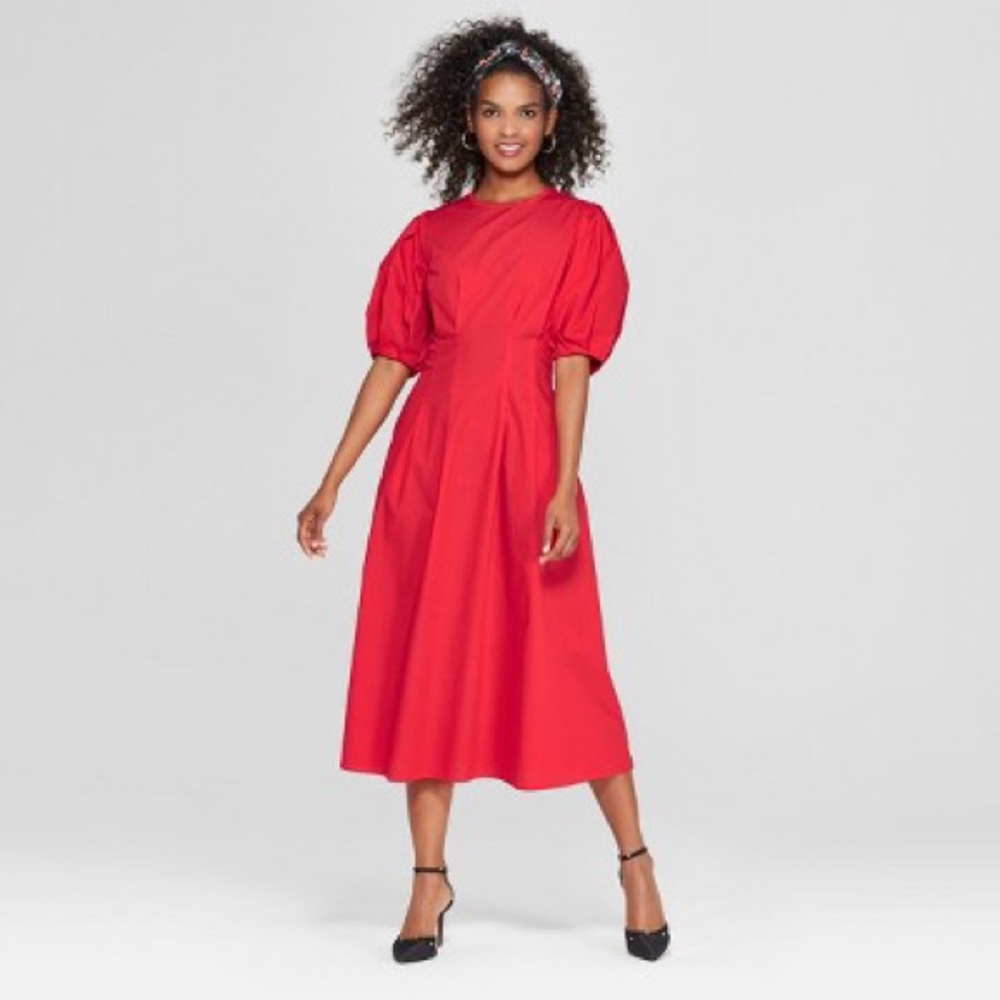 Who What Wear red puff sleeve midi dress NWT